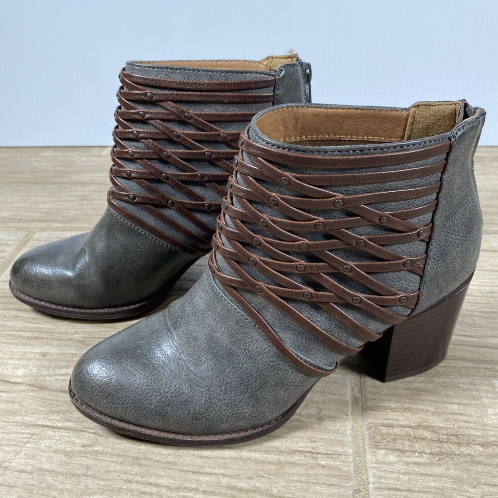 Eurosoft by SOFFT Sola Leather Ankle Booties Gray Brown Studs Zip Size 7 1/2